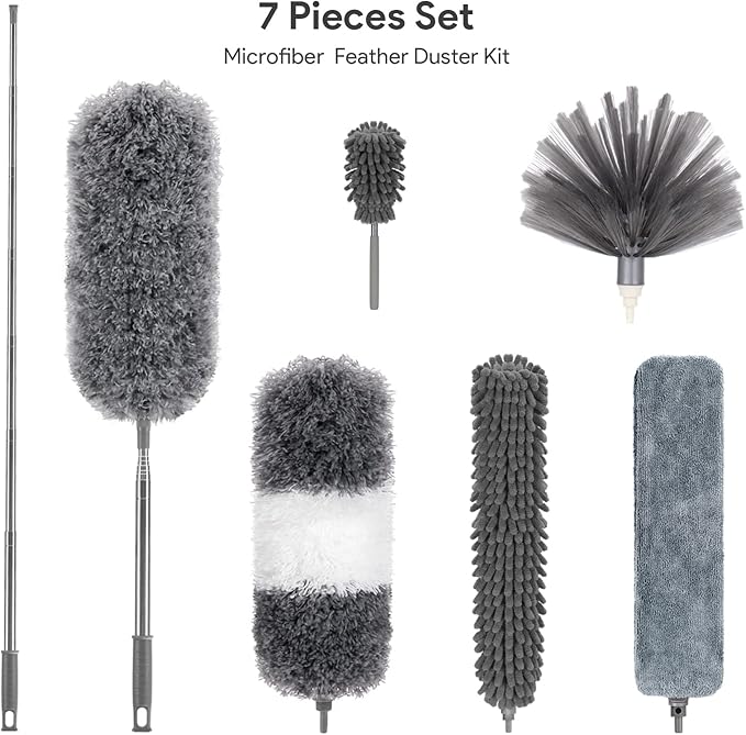 DELUX Microfiber Feather Duster7 PCS Reusable Bendable Washable Cobweb Duster with 100 inches Extra Long Extension Pole for Cleaning Ceiling Fan High Ceiling Blinds Furniture &amp Cars