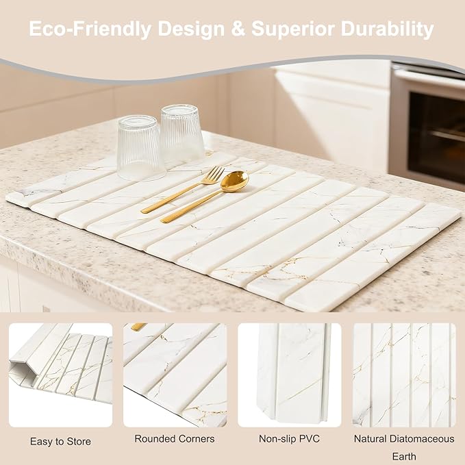 Stone Drying Mat for Kitchen Counter 24x16 Inch Foldable Diatomaceous Earth Stone Sink Fast Absorbing Dish Drying Mats for Dishes Bottles Cups Match any Countertop (White 24x16 Inch)