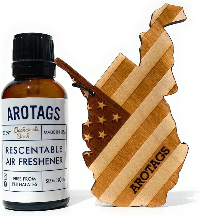 Arotags Car Air Freshener - Reusable Wood Diffuser - Hanging Odor Eliminator - West Virginia Patriot - Balsam &amp Cedar Scent
