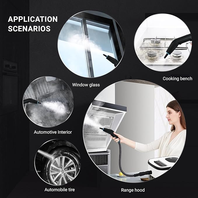 Heapsion Steam Cleaner Steamer for Cleaning with 15s Heat-Up 6 Adjustable Levels Large 1.32 Quarts Tank Pressurized Handheld Steam Cleaner for Home Dirt Grease Grout TileFloor Car 12 pcs
