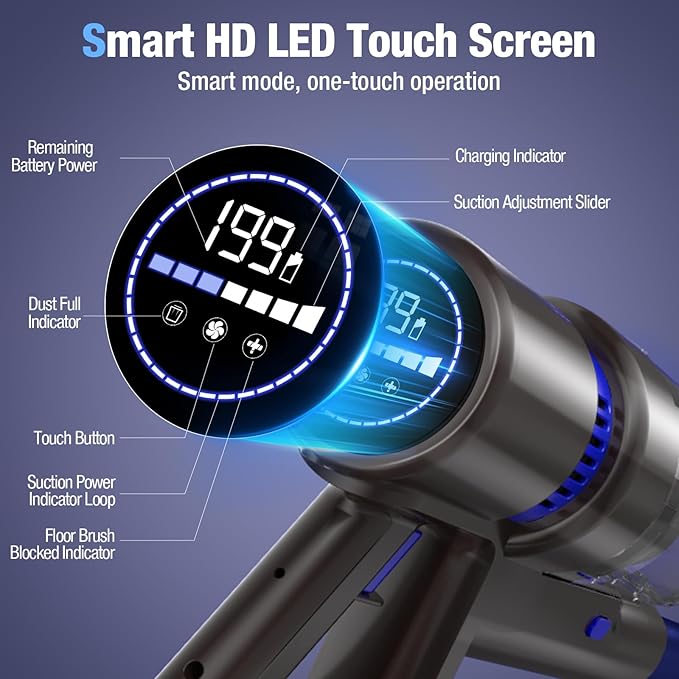 Cordless Vacuum Cleaner 550W 45KPA 50Min Vacuum Cleaners for Home Self-Standing Stick Vacuum with Touch Screen 3 Power Modes Rechargeable Battery Handheld Vacuum for Pet Hair Carpet Floor