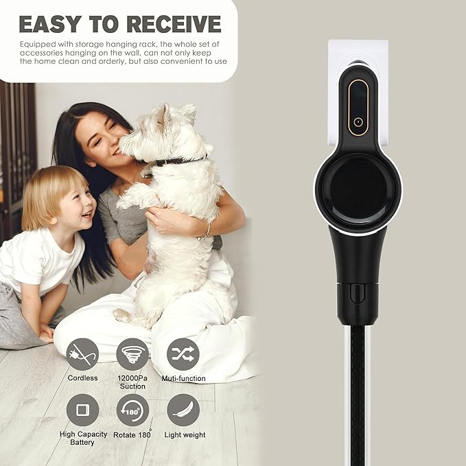 Cordless Vacuum Cleaner Powerful Brushless Motor 6-in-1 Lightweight Vacuum Cleaner Wall Mount with LED Display and Motor Mop Light for Pet Hair/Hardwood Floors/Car（Lvory）