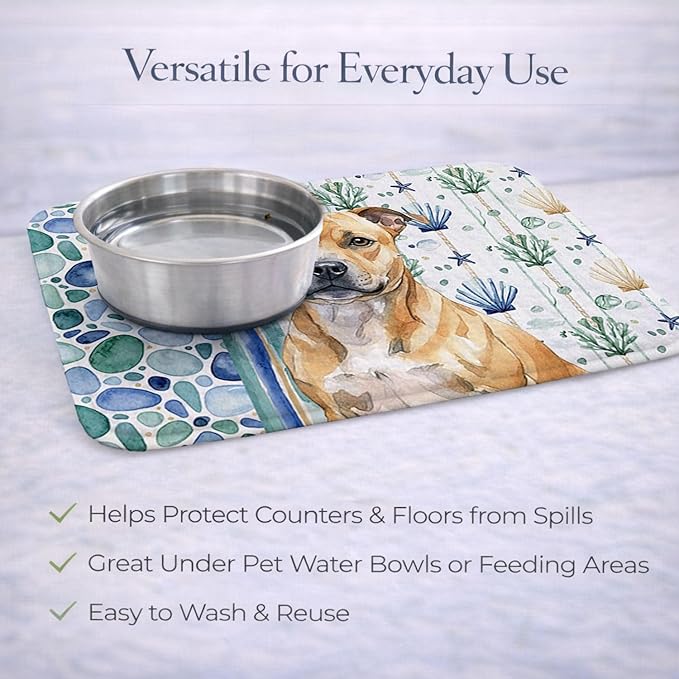 Caroline's Treasures Fawn Staffordshire Bull Terrier Coastal Sea Glass Dish Drying Mat Absorbent Dish Drying Mat Pad for Kitchen Counter Dish Drainer Mat for Countertop 14 x 21 Multicolor