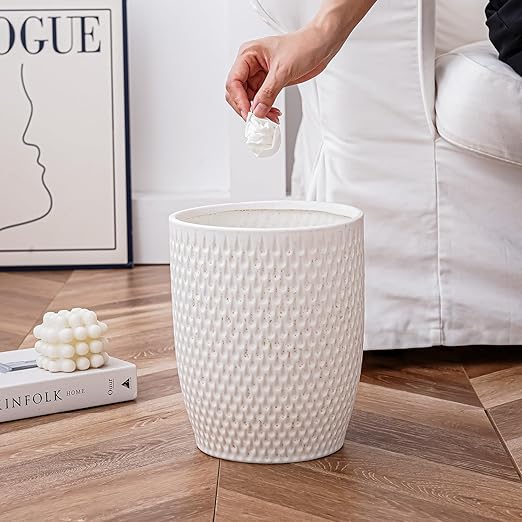 White Ceramic Trash Can - Small Trash Can Wastebasket for Bathroom Kitchen Office &amp Home Decor - Ceramic Round Garbage Container Basket Bin (2.5 Gallon)