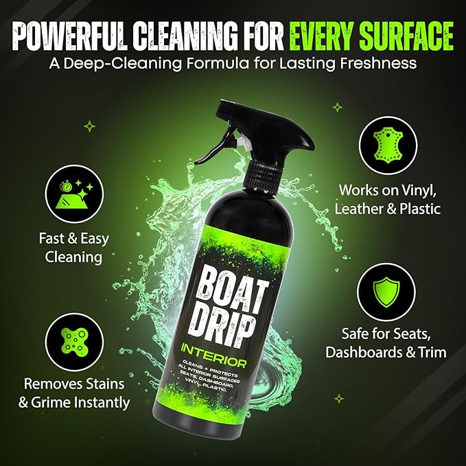 Boat Interior Cleaner Spray Upholstery &amp Vinyl Cleaner to Remove Dirt Grime Spills Fish Blood &amp More - Fresh Scented Safe for Seats Dashboards Leather Plastic - Made in USA