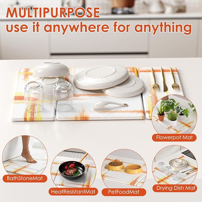 3 PCS Large Stone Dish Drying Mat for Kitchen Counter -24x16 Absorbent Diatomaceous Earth Mat with Stone Faucet Mat &amp Soap Tray - Quick Dry Collapsible Non-Slip Countertop Organizer