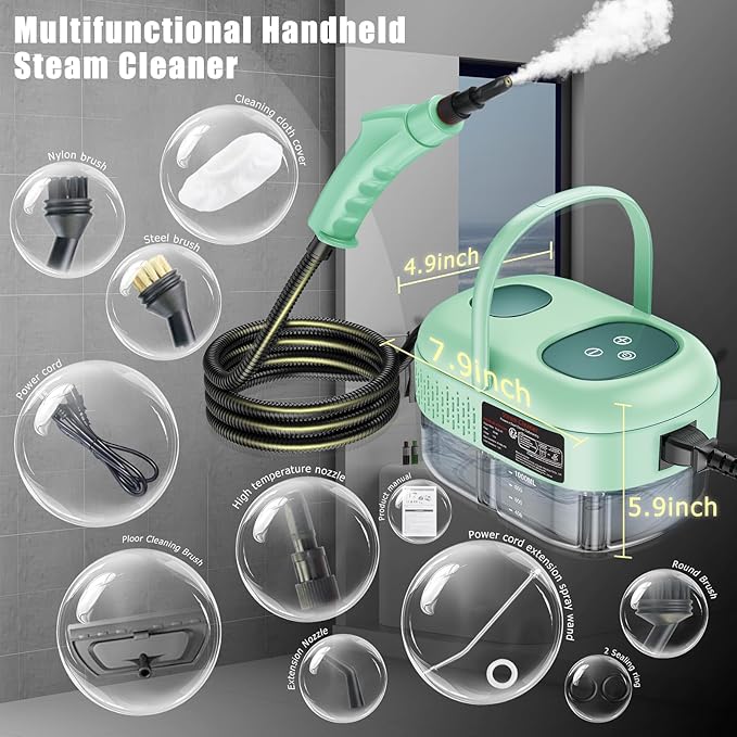 Handheld Steam Cleaner with Touch Screen Portable Steamer for Cleaning Hand Held Steamer Cleaner Pressurized Hand Steam Cleaner for Home Car Detailing Walls Grout Couch Tile Carpet Green