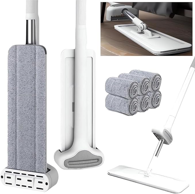 Person's Self-Washing Flat Mop - 360° Rotatable Flat Cleaning Mop Self Wringing for Wet &amp Dry Use Hands-Free Microfiber for Floor/Hardwood Cleaning 12027(with 6 Mop Pads)