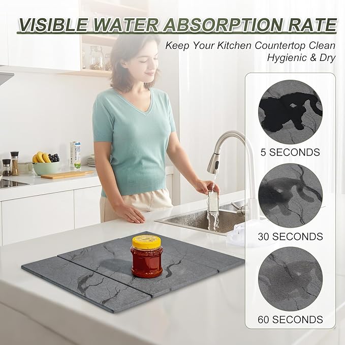 Dish Drying Mat Large Stone Dish Drying Mat For Kitchen Counter Collapsible Quick-Drying Sleek Diatomaceous Versatile Stone Drying Mats For Cups Dishes Bottles Marble (gray 16×19)