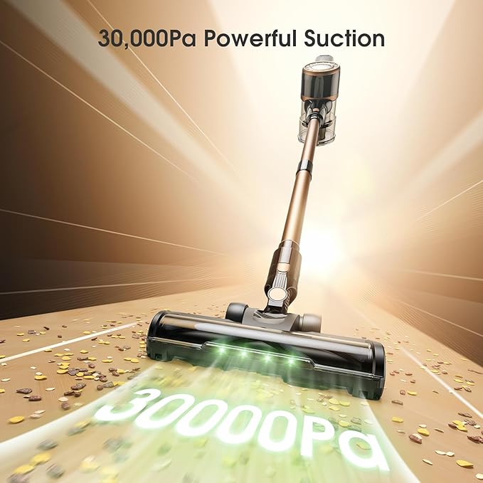 Cordless Vacuum Cleaner 30Kpa Stick Vacuum with Anti-Tangle Brush and Green Headlight Self-Standing Up to 45Mins Runtime Wireless Vacuum Cleaner for Pet Hair Carpet Hard Floor Home