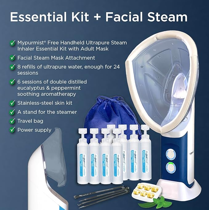 Mypurmist Free Plus Facial Steam Mask - Advanced Relief for Sinus Allergy Cold Cough and Skincare Needs - Facial Steamer Personal Vaporizer Inhaler Humidifier