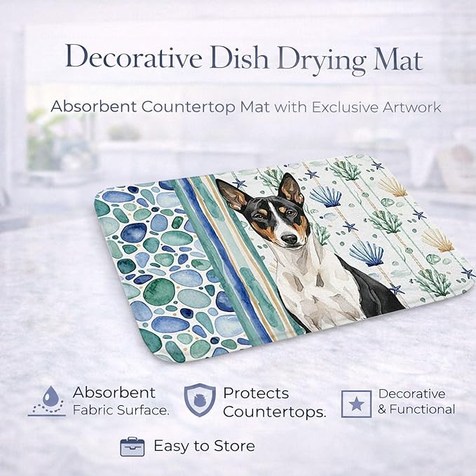 Caroline's Treasures Black and White Basenji Coastal Sea Glass Dish Drying Mat Absorbent Dish Drying Mat Pad for Kitchen Counter Dish Drainer Mat for Countertop 14 x 21 Multicolor