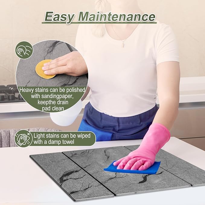 Dish Drying Mat Large Stone Dish Drying Mat For Kitchen Counter Collapsible Quick-Drying Sleek Diatomaceous Versatile Stone Drying Mats For Cups Dishes Bottles Marble (gray 16×19)