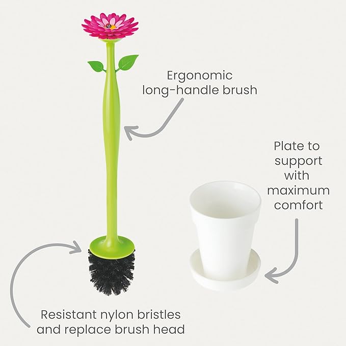 Vigar Flower Power Toilet Brush with Holder Set Toilet Brush with Daisy-shaped Handle Flowerpot Base with Saucer Durable Bristles for Bathroom White