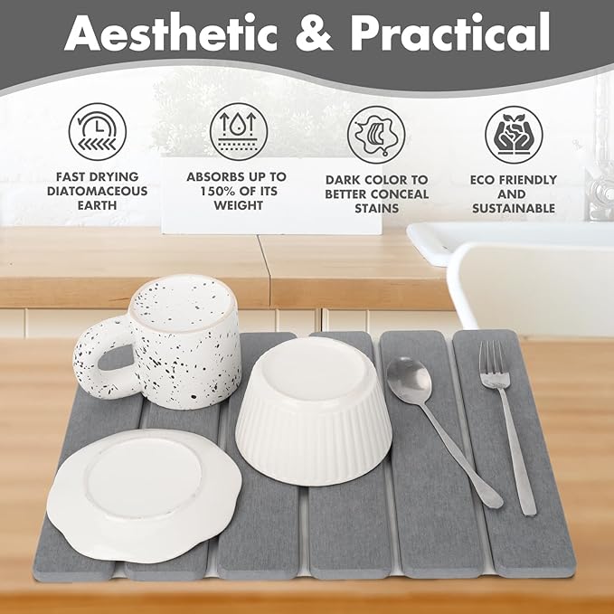 Stone Dish Drying Mat for Kitchen Counter Eco-friendly Instant Drying PadDiatomaceous Earth Water Absorbing Mat Foldable and Super Absorbent Dish Drying Stone Mat 16×12 Dark Gray