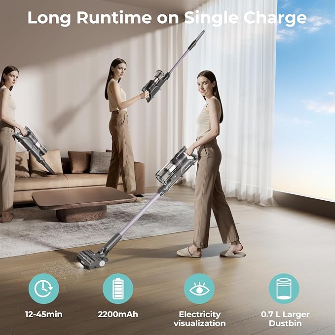 CANDY Cordless Vacuum Cleaner45Mins Vacuum Cleaners for HomeStick VacuumStrong SuctionRemoveable BatteryAnti-TangleOne Click CleanLightweight Handheld for Hardwood Floor Carpet Pet Hair Car