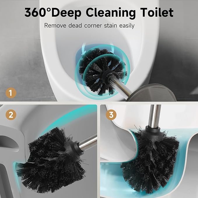 Pewter Toilet Brush and HolderExtra Long Handled Toilet Brush for BathroomStainless Steel Heavy Duty Toilet Bowl BrushDeep Cleaning Modern Toilet Cleaner Brush -Space Saving Covered Brush