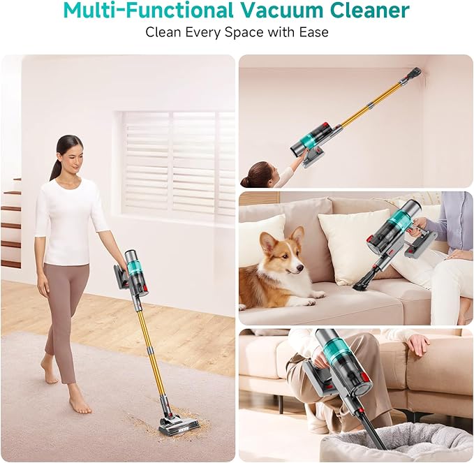 Cordless Vacuum Cleaner: Portable 6-in-1 Stick Vacuum with Anti-Tangle Brush LED Headlight Self-Standing HD Display Rechargeable Vacuum for Pet Hair Low-Pile Carpet and Hardwood Floor-Green