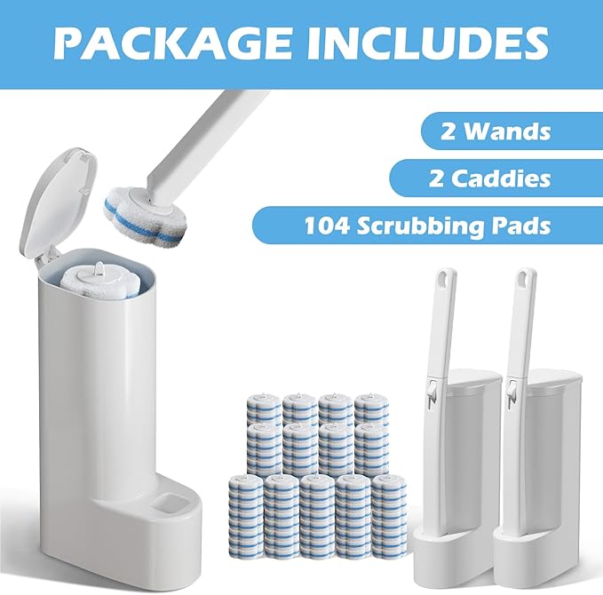 Disposable Toilet Brush Cleaning System 2pcs Wands with 104pcs Replacement Heads Stick for Toilet CleaningWands with Refills Pads Wall Mounted Toliet Wand for Bathroom Toilet Brush and Holder Set
