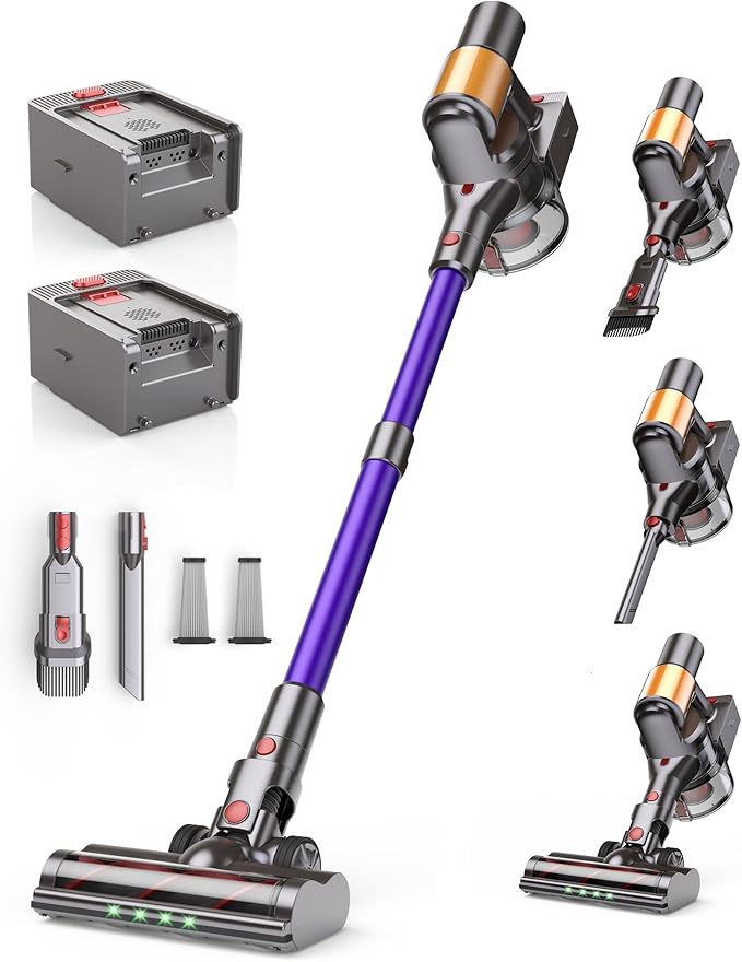 Cordless Vacuum Cleaner 2 Batteries 120 Mins Runtime 600W 50KPA Stick Vacuum with Self-Standing Tangle-Free Brush Vacuum Cleaners for Home Hardwood Floor Carpet Pet Hair