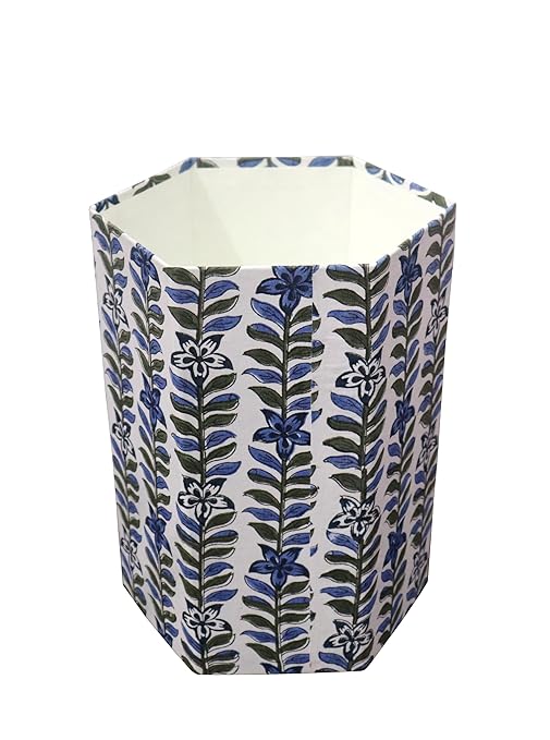 Generic Floral Hand Block Print Paper Dustbin Cotton Printed Wastebasket Indian Vintage Home Decor Hotel Room Decor (1 BLUE WHITE LONG BELL)