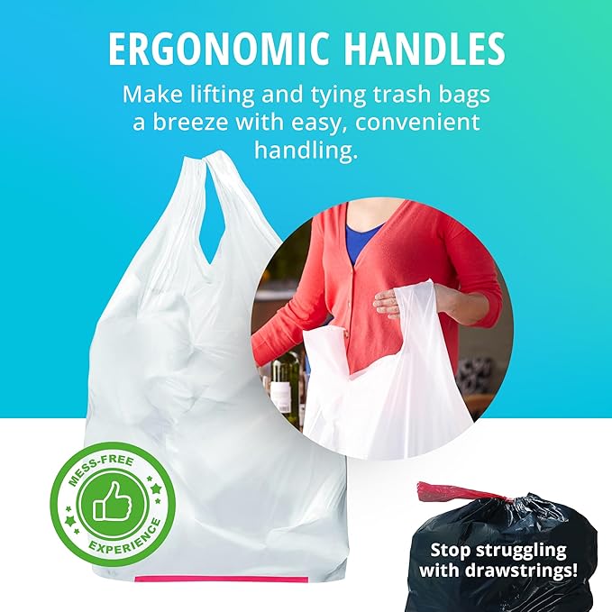 Hippo Sak - Plant Based Tall Kitchen Garbage Bags with Ergonomic Handles - 13 Gallon Trash Bags - Recyclable &amp Reduced Carbon Footprint - Super Strong and Leak Proof Tall Kitchen Trash Bags (45 Co