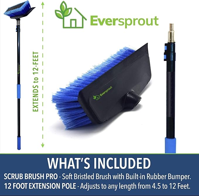 EVERSPROUT 5-to-12 Ft Car Brush with Rubber Bumper Lightweight Extension Pole Handle Soft Bristles Car Wash Brush RV Wash Brush Truck Wash Brush Boat Brush Solar Panel Cleaning Brush and Pole