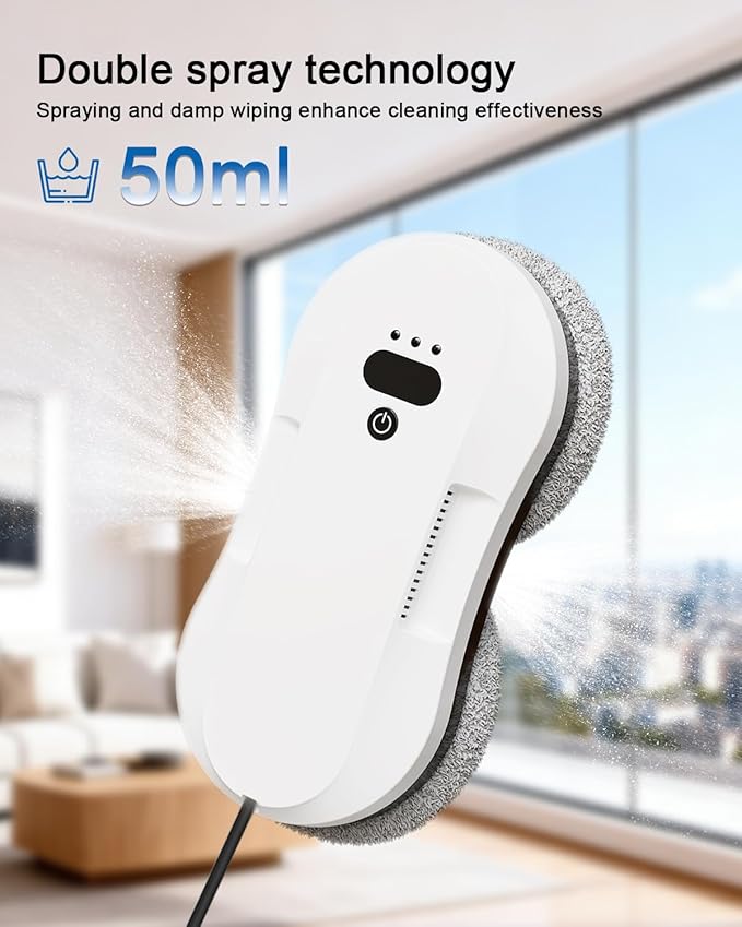 Window Cleaning Robot Automatic Window Cleaner Robot with Dual Spray-50ml Tank Edge Detection Intelligent Path Planning 3000pa Strong Suction Anti-Drop Protection