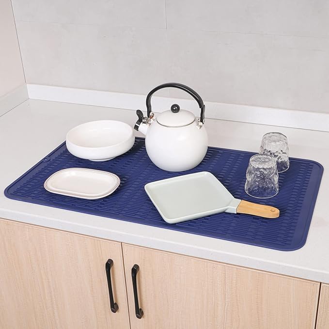 MicoYang Silicone Dish Drying Mat for Multiple UsageEasy cleanEco-friendlyHeat-resistant Silicone Mat for Kitchen Counter or SinkRefrigerator or Drawer Liner Navy Blue 4XL 32 inches x 18 inches
