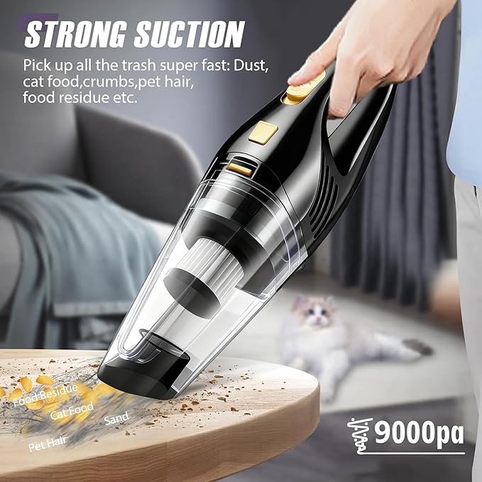 Car Vacuum Portable Cordless – 9000PA Strong Suction Lightweight &amp Rechargeable – Includes Multi-Nozzle Attachments for Car Home Office and Pet Hair – Compact &amp Powerful Black Gold Vacuum