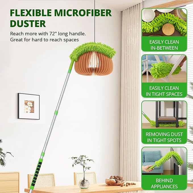 Ceiling Fan Cleaner Duster with 6 Ft/72'' Extension Pole High Ceiling Fan Blade Cleaning Tool Microfiber Duster Reusable Pads for Cleaning Ceiling Fan Baseboard Blind Cobweb Molding