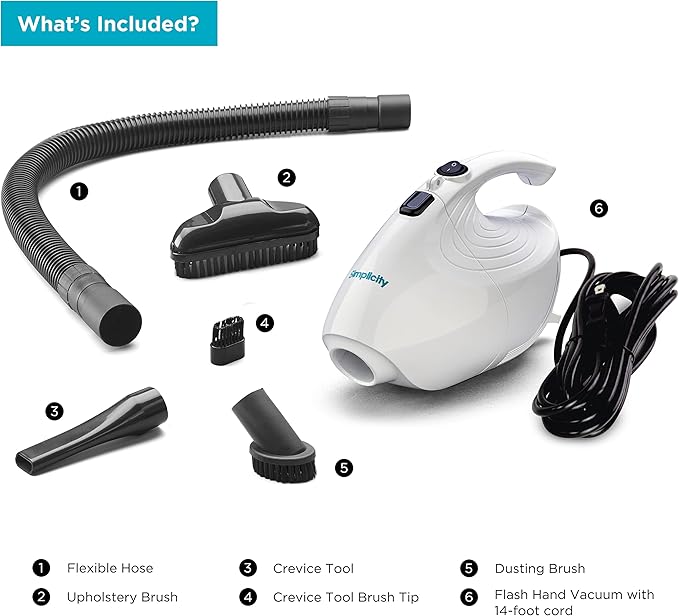 Simplicity Vacuums Flash Mini Handheld Vacuum with Attachments Powerful Corded Hand Vacuum for Craft and Sewing Projects Small Vacuum for Car Detailing F1