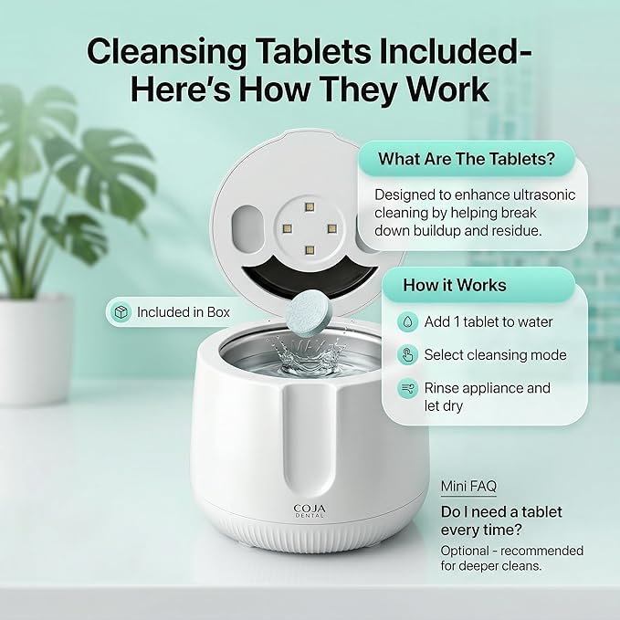 Retainer Cleaner Machine Pod PRO | 48kHz Ultrasonic Dental Pod for Mouthguard Dentures &amp Aligners | UV Light | 3 Cleaning Modes | Tablets Included