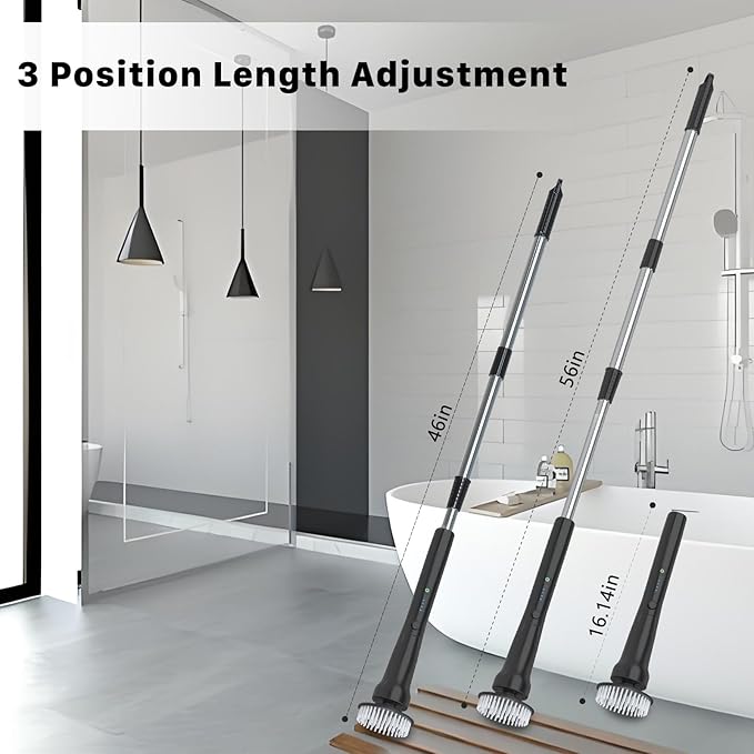 Electric Spin Scrubber Hillyfe Bathroom Scrubber Electric with 7 Replaceable Brush Heads IPX7 Waterproof300/400 RPM 3 Adjustable LengthScrubber Brush Electric for Bathtub FloorBlack