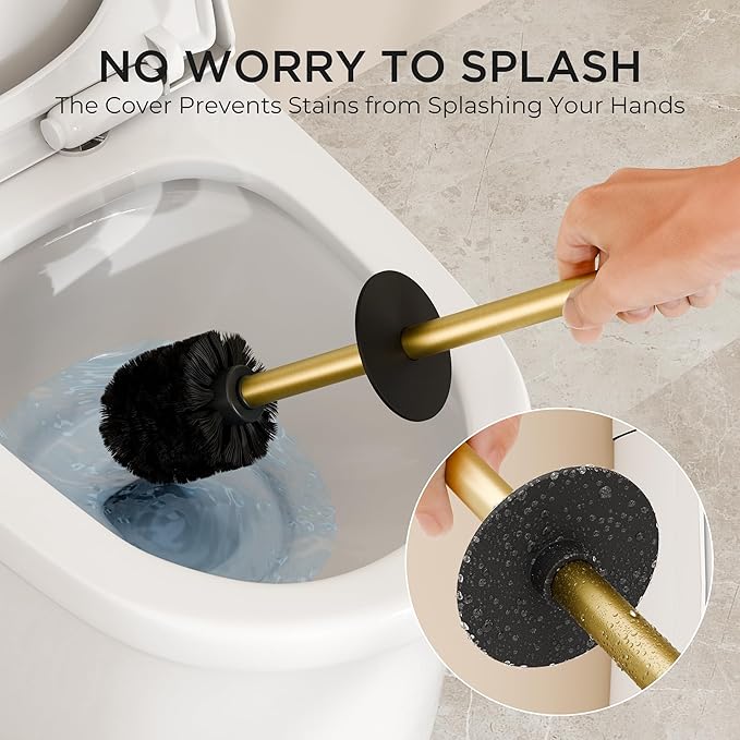 FORIOUS Toilet Brush and Holder Set Heavy Duty 304 Stainless Steel Base Square and Long Handle for Bathroom Deep Cleaning Drip-Proof Space Saving for Storage 2 Toilet Bowl Brush Head Dark Gold