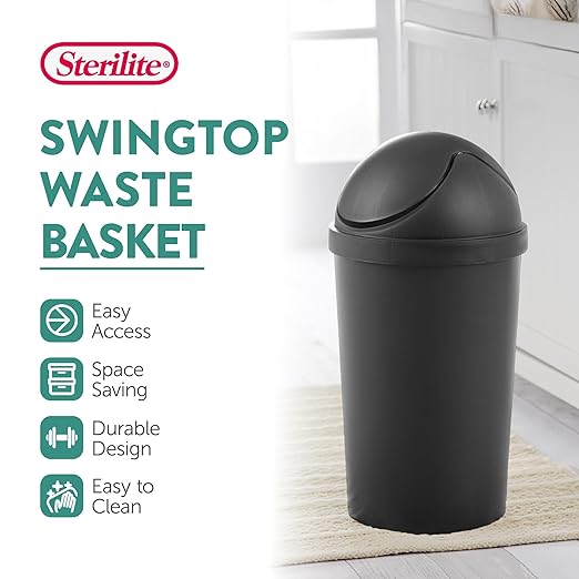 Sterilite 6 Pack SwingTop Wastebasket Round Trash Can w/Swing Top Lid 3 Gallon Black