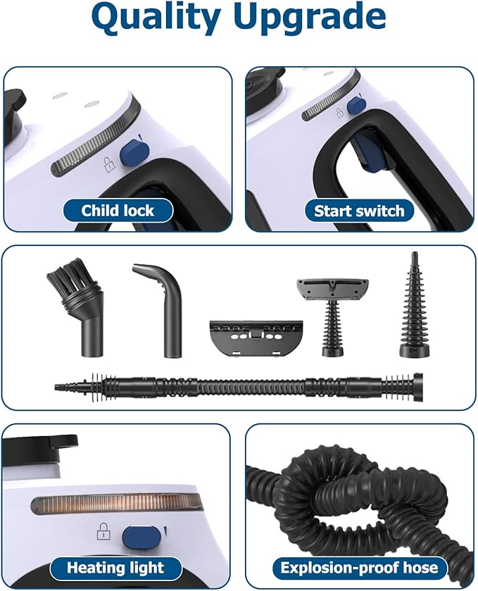 Handheld Steam Cleaner 9.8FT Power CordSteamer for Cleaning with 11 Accessories 15 Seconds Fast Heating High Temperature Cleaning 530Ml Capacity Steam Cleaner for Washroom Kitchen and Car