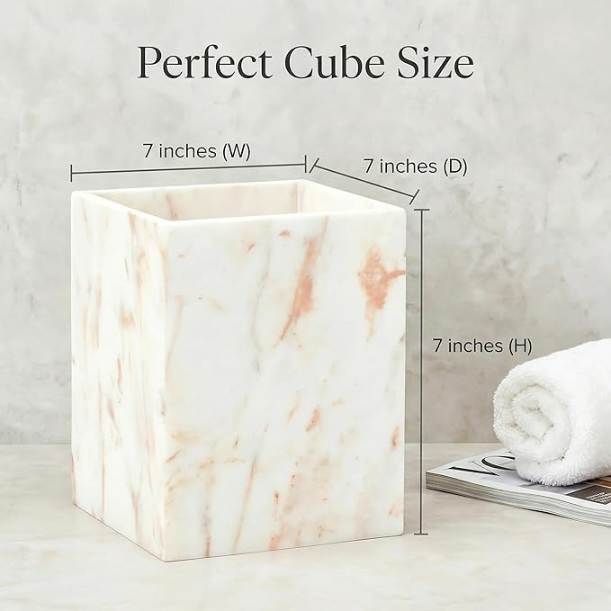 Small Marble Rectangular Trash Can 1.9 Gallon/7.2 Liter Garbage Bin Decorative White Gold Marble Wastebasket Mini Tiny Waste Basket for Bathroom Bedroom Home Office Laundry Room Kitchen