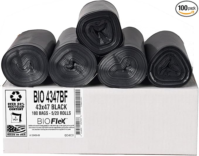 Aluf Plastics 56 Gallon 1.25 MIL (eq) Black Heavy Duty Garbage Bags With BioFlex Technology - 43 x 47 - Pack of 100 - For Industrial Recycling Storage &amp Outdoor