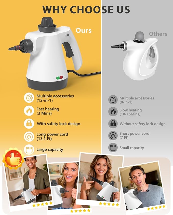 Steam Cleaner Pressurized Handheld Steam Cleaner for Home with 12pcs Accessories &amp Safety Lock Multi-Surface Powerful Natural Steamer for Deep Cleaning Grout Kitchen Bathroom Car Windows Wh