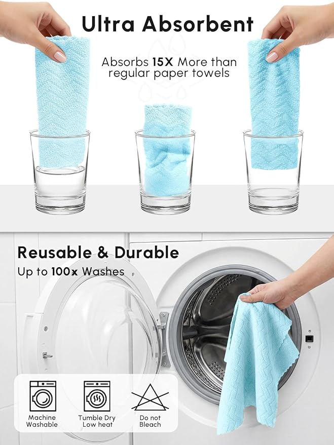 Microfiber Cleaning Cloths Roll 75 Pack Tear Away Microfiber Towels Roll 12 x 12 Lint Free Rags Reusable Cleaning Cloths Washable Scratch FreeUltra Absorbent Dish Rags(Blue Ripple)