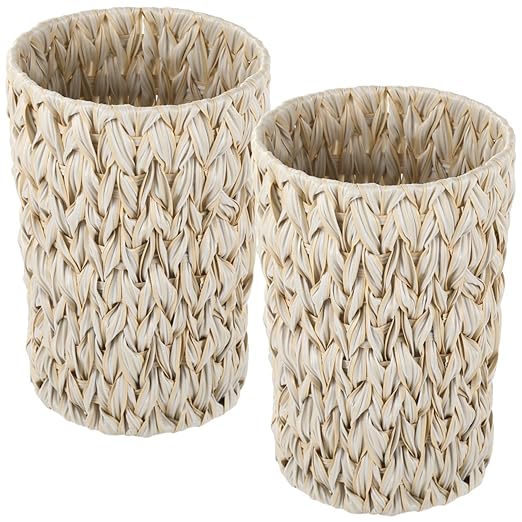 2 Pcs Wicker Trash Cans11 in Boho Trash Cans Handwoven Plastic Rattan Trash Can Waste Baskets with Wide Opening Waterproof Waste Bin with Sturdy Metal Frame for Bathroom Bedroom Office Home