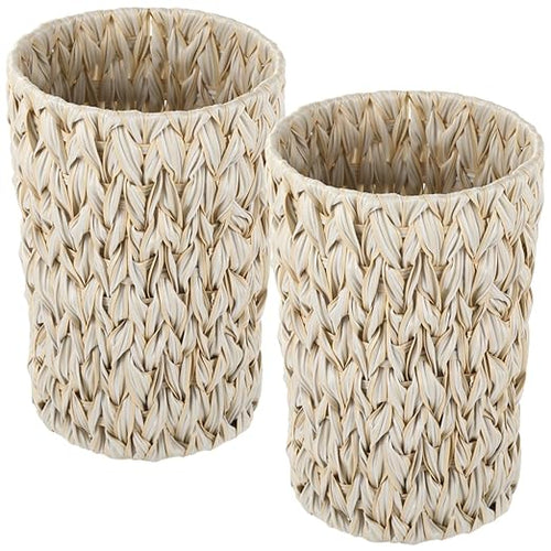2 Pcs Wicker Trash Cans11 in Boho Trash Cans Handwoven Plastic Rattan Trash Can Waste Baskets with Wide Opening Waterproof Waste Bin with Sturdy Metal Frame for Bathroom Bedroom Office Home