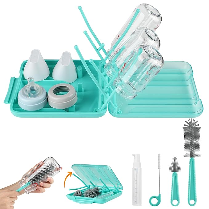 6 in 1 Bottle Brush SetBottle Cleaner Brush Kit with Bottle BrushDrying RackNipple BrushStraw BrushSoap Dispenser&ampStorage BoxPortable Baby Essentials for Home&ampTravel