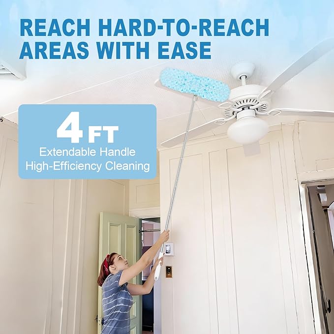 50Pcs Duster Refill Compatible with Swiffer Hand Duster +4FT Extended Handle +1 Handle 360° Heavy Duty Duster Refills Kit for Cleaning Office Ceiling Fan Baseboard &amp Blind