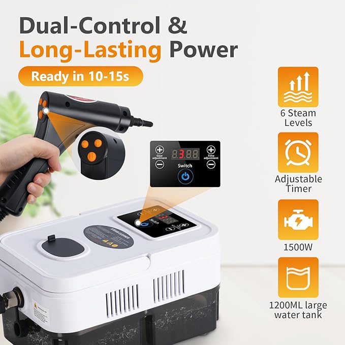 Steam Cleaner for Home &amp Car 15s Fast Heat-Up 1.2L Large Tank 221°F High-Temp Portable Handheld Steamer for Deep Cleaning Grout Tile Grease Floors &amp Sanitizing Furniture Couch Car Deta