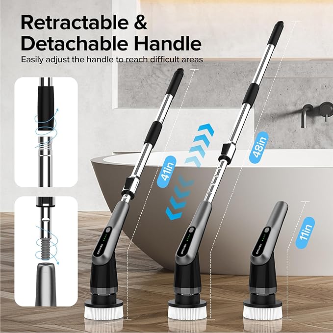 G2-Pro Electric Spin Scrubber - IPX7 Waterproof 12-in-1 Shower Cleaner Brush Retractable Handle &amp 2-Speed for Bathroom Bathtub Kitchen Tile Floors
