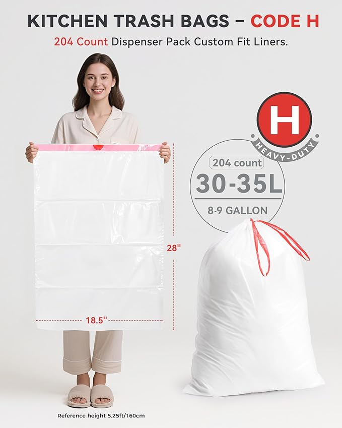 KONE Custom Fit Trash Bags Compatible with Simplehuman Code H 204 Count Drawstring Garbage Bags Dispenser Pack Trash Bin Liners For Kitchen Bathroom Home 35 Liter / 8-9 Gallon