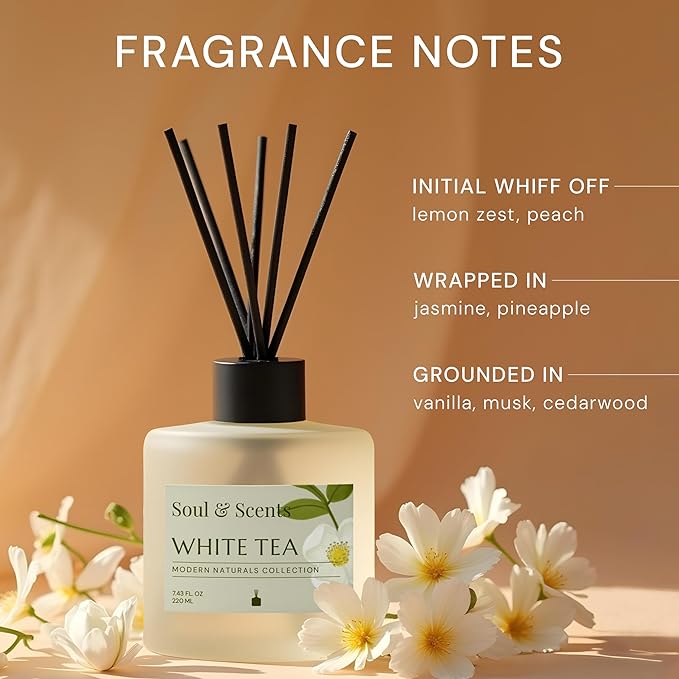 Soul &amp Scents Reed Diffuser Set – White Tea | 7.43 oz Refillable Scented Oil with 6 Fiber Sticks | Long-Lasting Home Fragrance &amp Air Freshener for Bedroom Bathroom Office | Gift &amp Décor