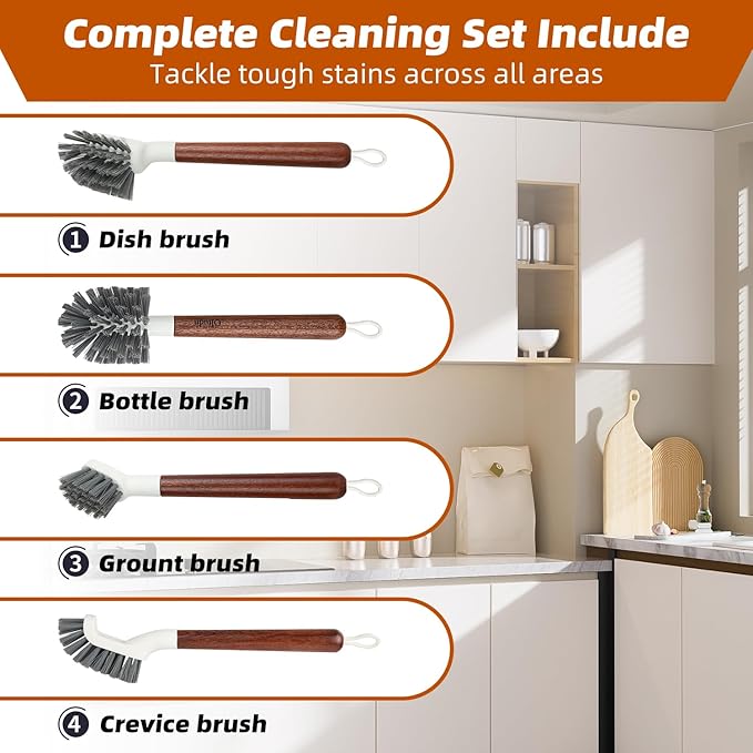 4-Pack Heavy Duty Scrub Brushes with 11 Sapele Wood Handle – PBT Bristles &amp TPR Loop – Kitchen Bathroom Grout Dish &amp Tile Cleaner – Durable Non-Slip Multi-Surface Cleaning Brush Set